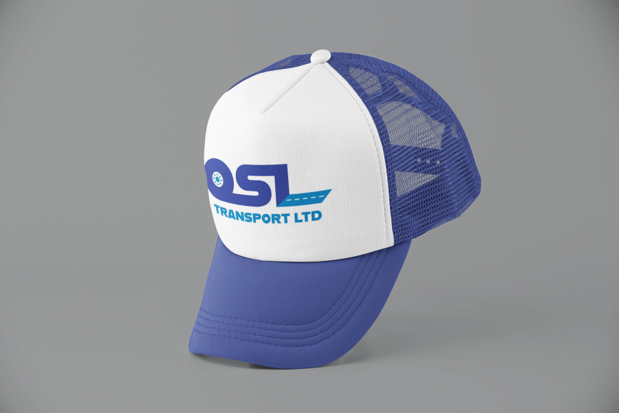 ols transport logo design on a promotional hat ols transport logo design on a promotional travel cup