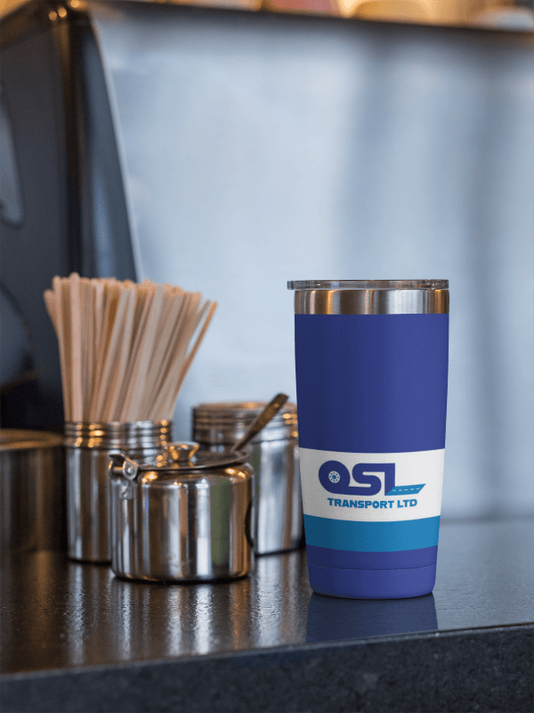 ols transport logo design on a promotional travel cup ols transport logo design on a promotional travel cup